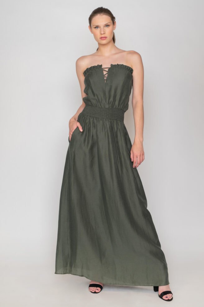 Φόρεμα maxi strapless με σούρες χακί