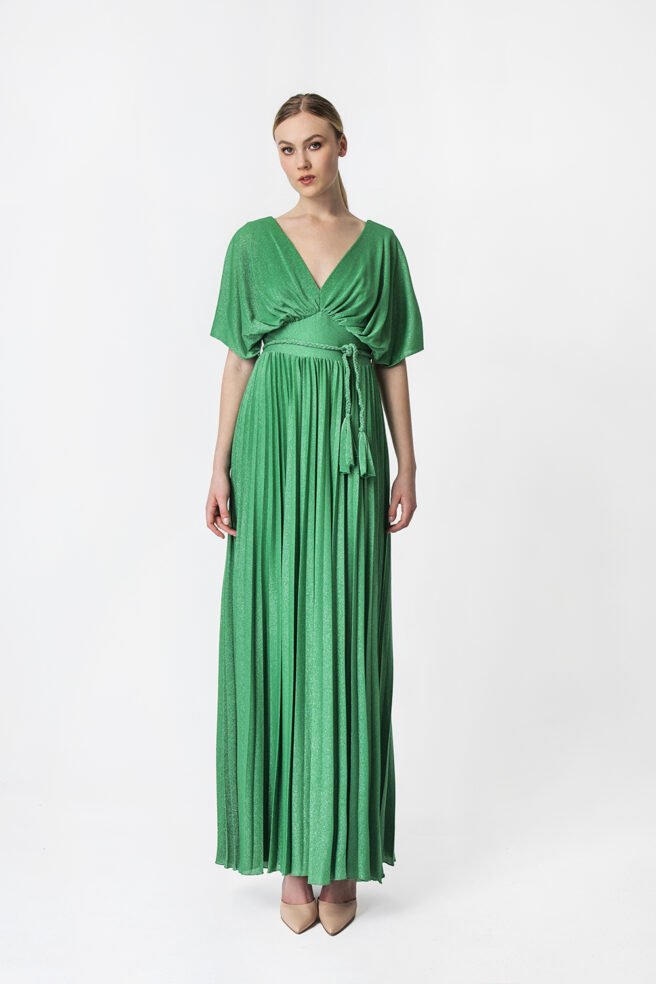 Φόρεμα maxi glitter με ντραπαριστό μπούστο